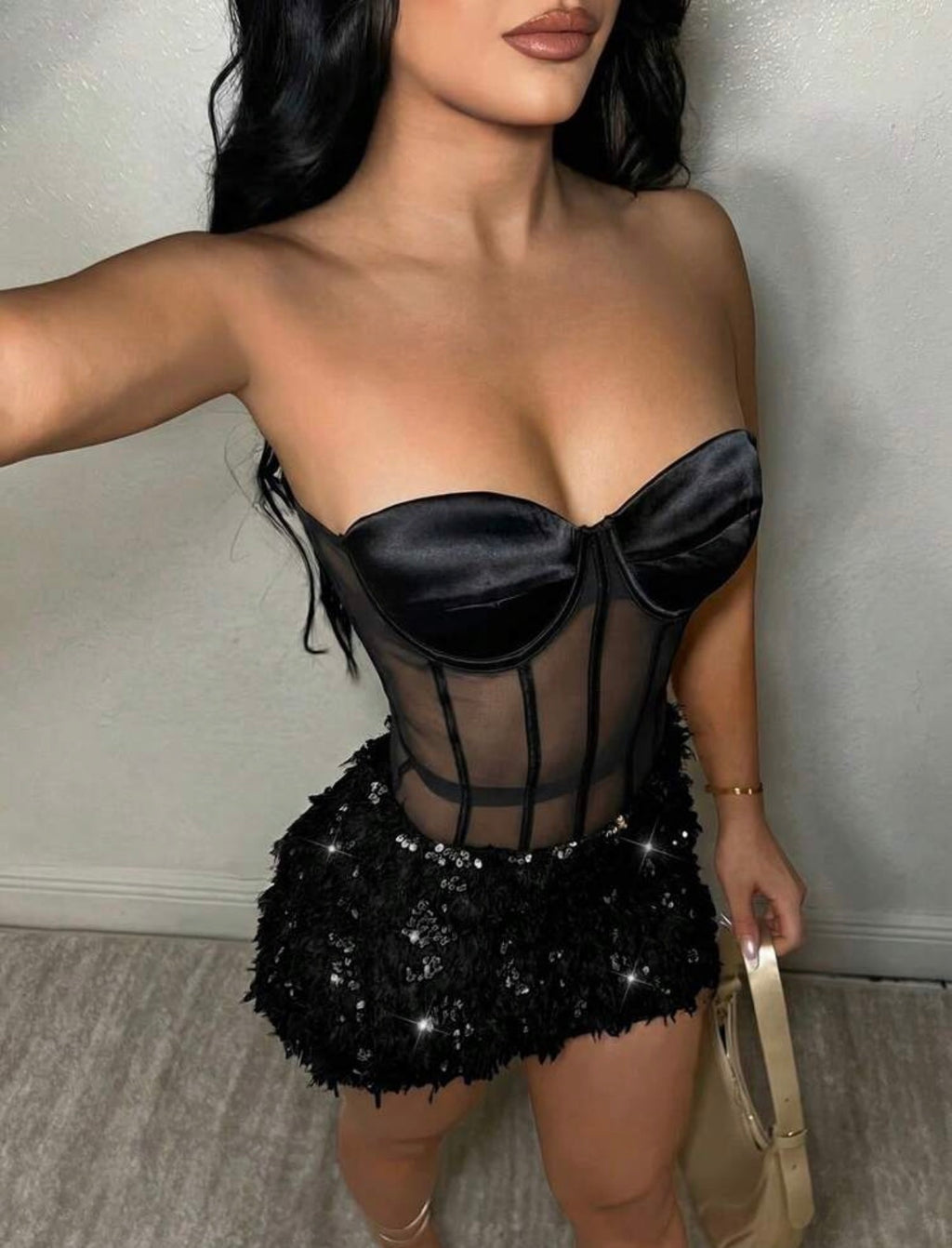 Black Feather Corset Mini Dress