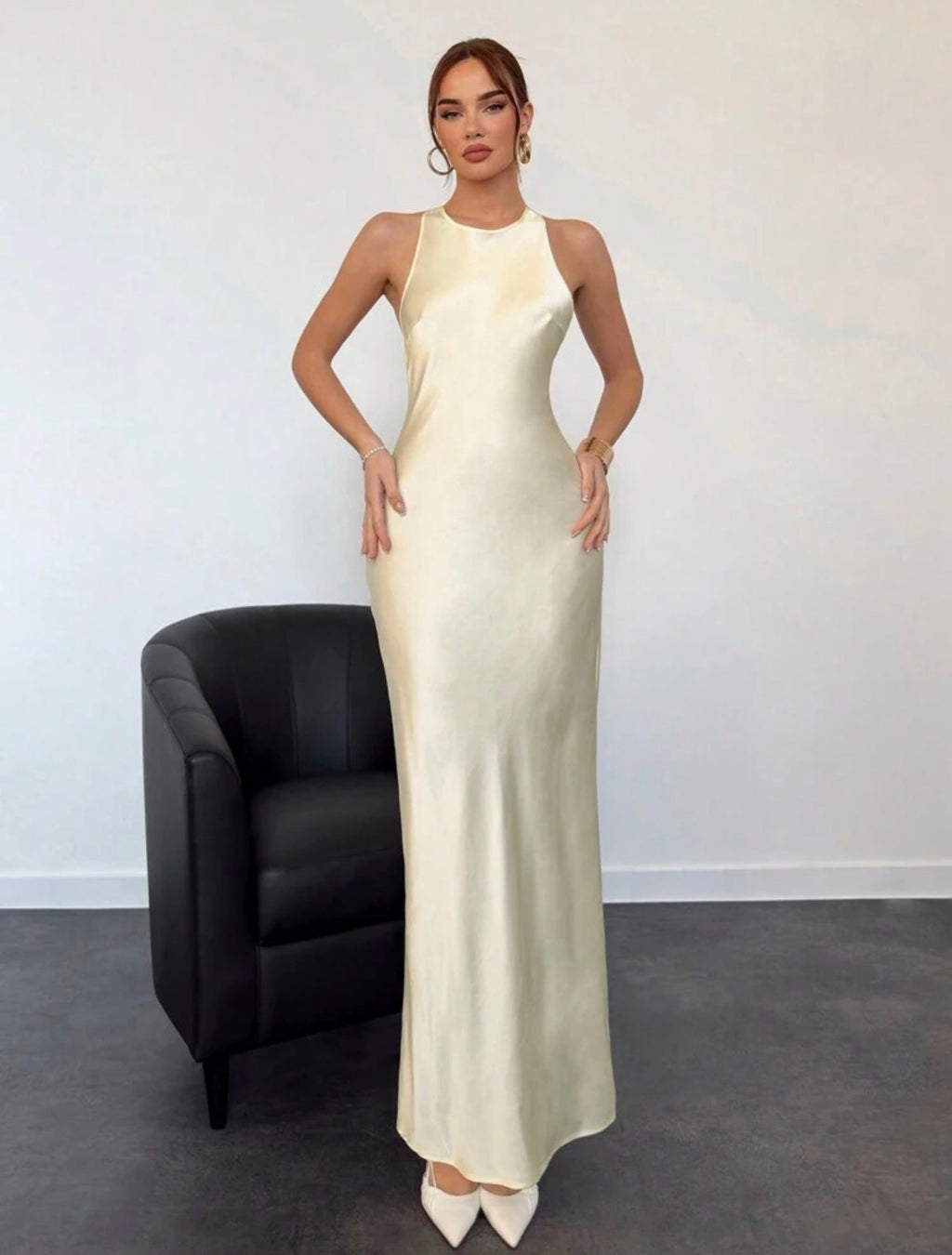 Aurora Satin Open-Back Maxi Dress