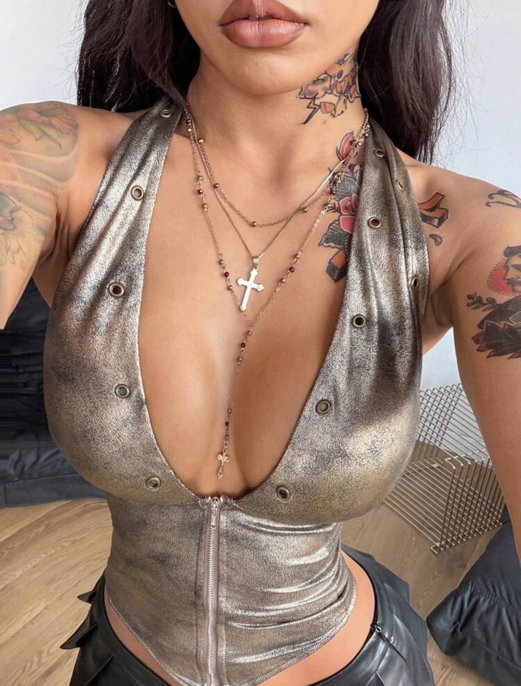 Metallic Zip Halter Top